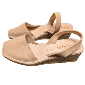 Calaxini Neutral Tan Leather Sling Back Cork Wedge Peeptoe Sandals Size Euro 39
